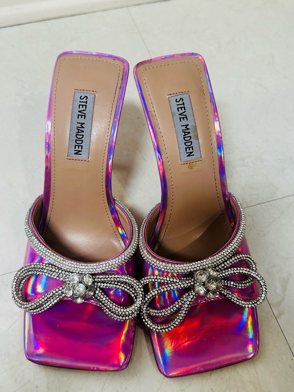 Steve Madden Iridescent Pink Rhinestone Bow Mules